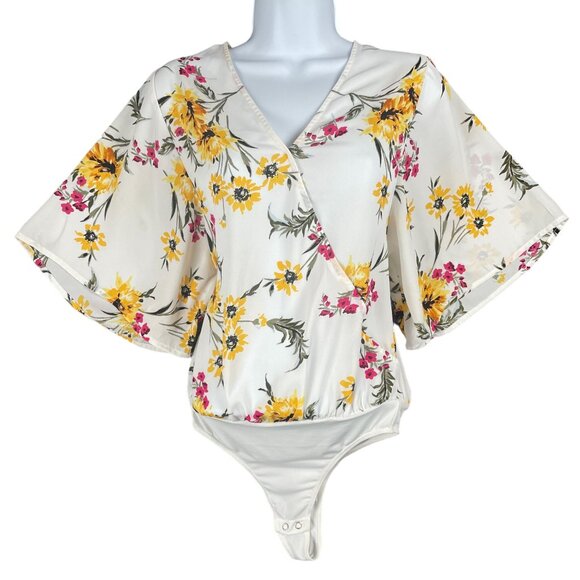 Express Bodysuit Womens Size XS Faux Wrap Boho Flowy Sheer Hippie Floral Office - Picture 2 of 10